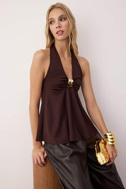  Chocolate brown halter neck top with gold accent detail for women | AtikaStyle
