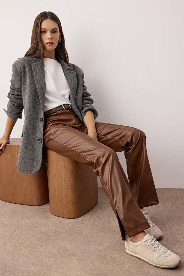 Brown faux leather pants, Flare/bootcut fit | AtikaStyle