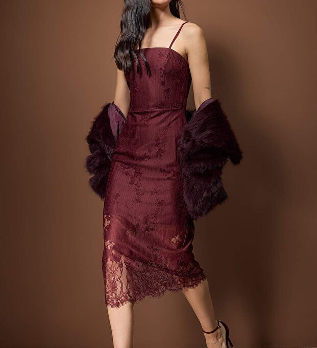  Women’s burgundy satin spaghetti-strap midi dress with lace detailing — AtikaStyle”
