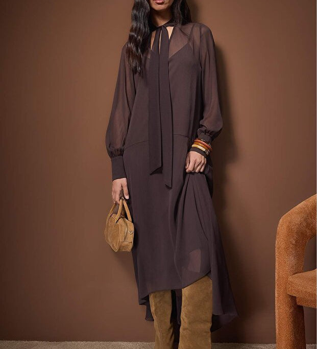  Women’s chocolate brown chiffon tie-neck long sleeve midi dress with flowy hem — AtikaStyle”

