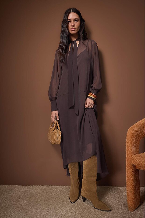 Women’s chocolate brown chiffon tie-neck long sleeve midi dress with flowy hem — AtikaStyle”
