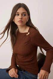 White Textured Long Sleeve Top with Gold Accent – AtikaStyle