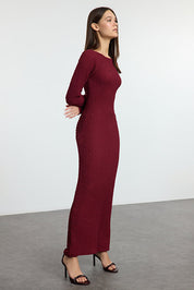 Burgundy textured knit maxi dress by AtikaStyle — boat neck, long sleeve, bodycon, back cut-out