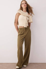 Women’s High-Waisted Beige Wide-Leg Trousers – Tailored Workwear Pants | Atikastyle