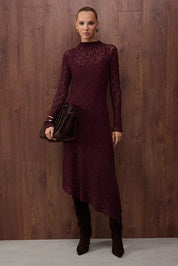 Burgundy lace long-sleeve midi dress with sheer details – AtikaStyle

Elegant fitted burgundy lace dress front view – AtikaStyle

Asymmetrical hemline burgundy lace dress styled for evening – AtikaStyle
