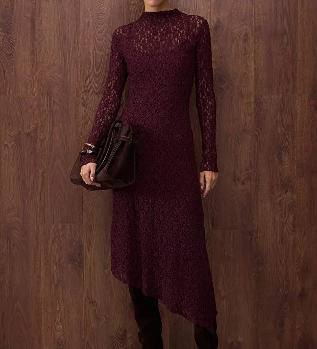Burgundy lace long-sleeve midi dress with sheer details – AtikaStyle

Elegant fitted burgundy lace dress front view – AtikaStyle

Asymmetrical hemline burgundy lace dress styled for evening – AtikaStyle
