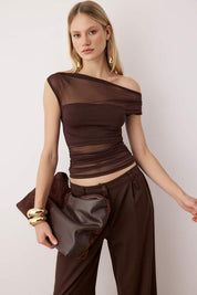  Chocolate brown sheer mesh one-shoulder ruched top for women – elegant night out style | AtikaStyle

