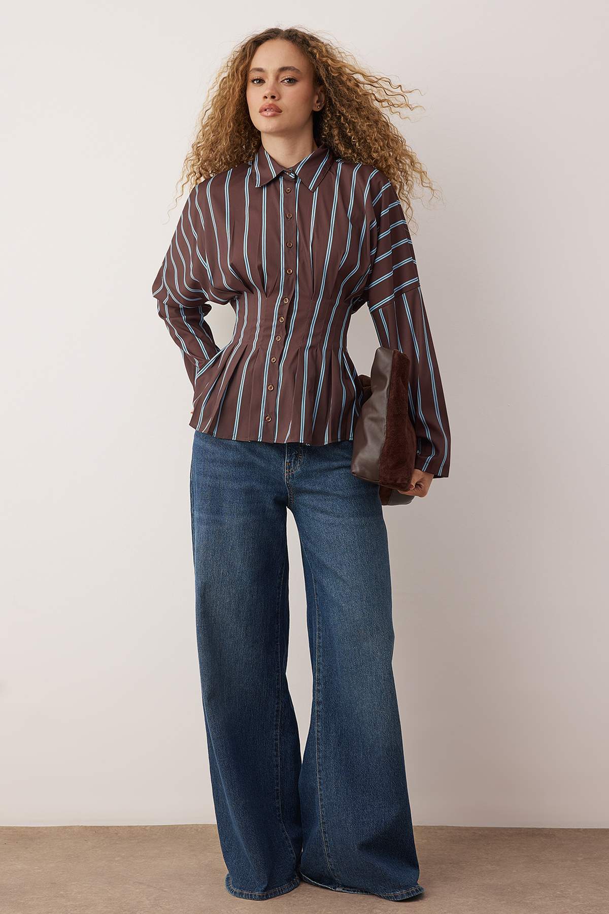 Trendyolmilla Women's Brown Multi-Color Striped Lycra Fitted Long Sleeve Blouse