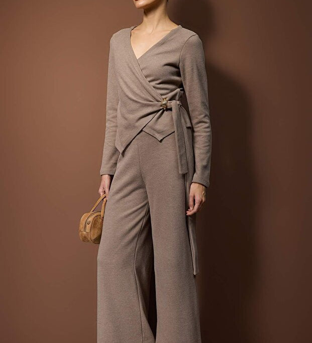 Trendyolmilla Mink Knit Two-Piece Set, Cozy Long Sleeve Top and Straight Leg Pants