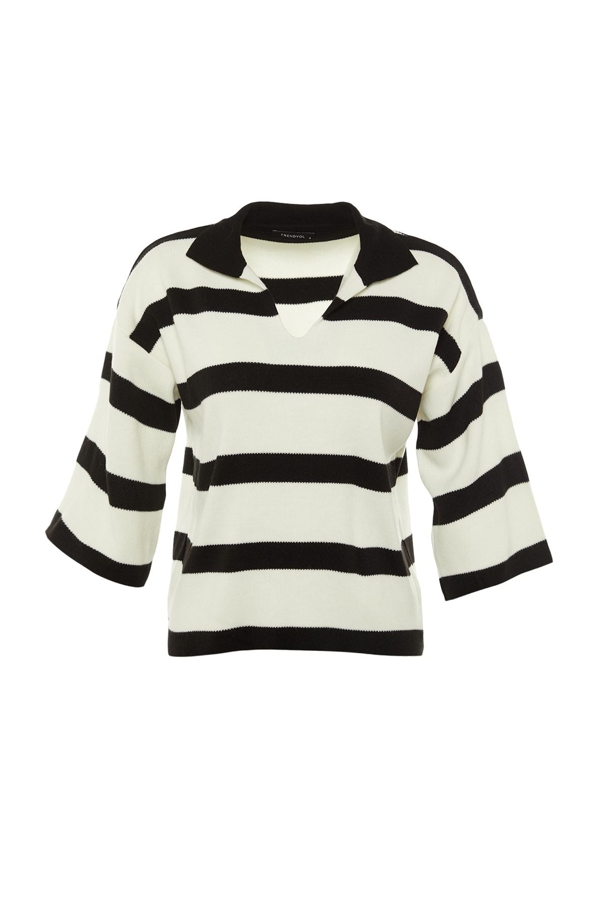 Women’s Black & White Striped Knit Polo Sweater – Casual Chic Long Sleeve Top | Atikastyle