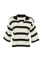 Women’s Black & White Striped Knit Polo Sweater – Casual Chic Long Sleeve Top | Atikastyle