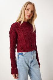 Women’s Distressed Cable Knit Sweater | Burgundy Chunky Knit Pullover