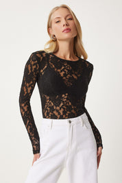Sheer Black Lace Bodysuit | Women’s Long Sleeve Mesh Top