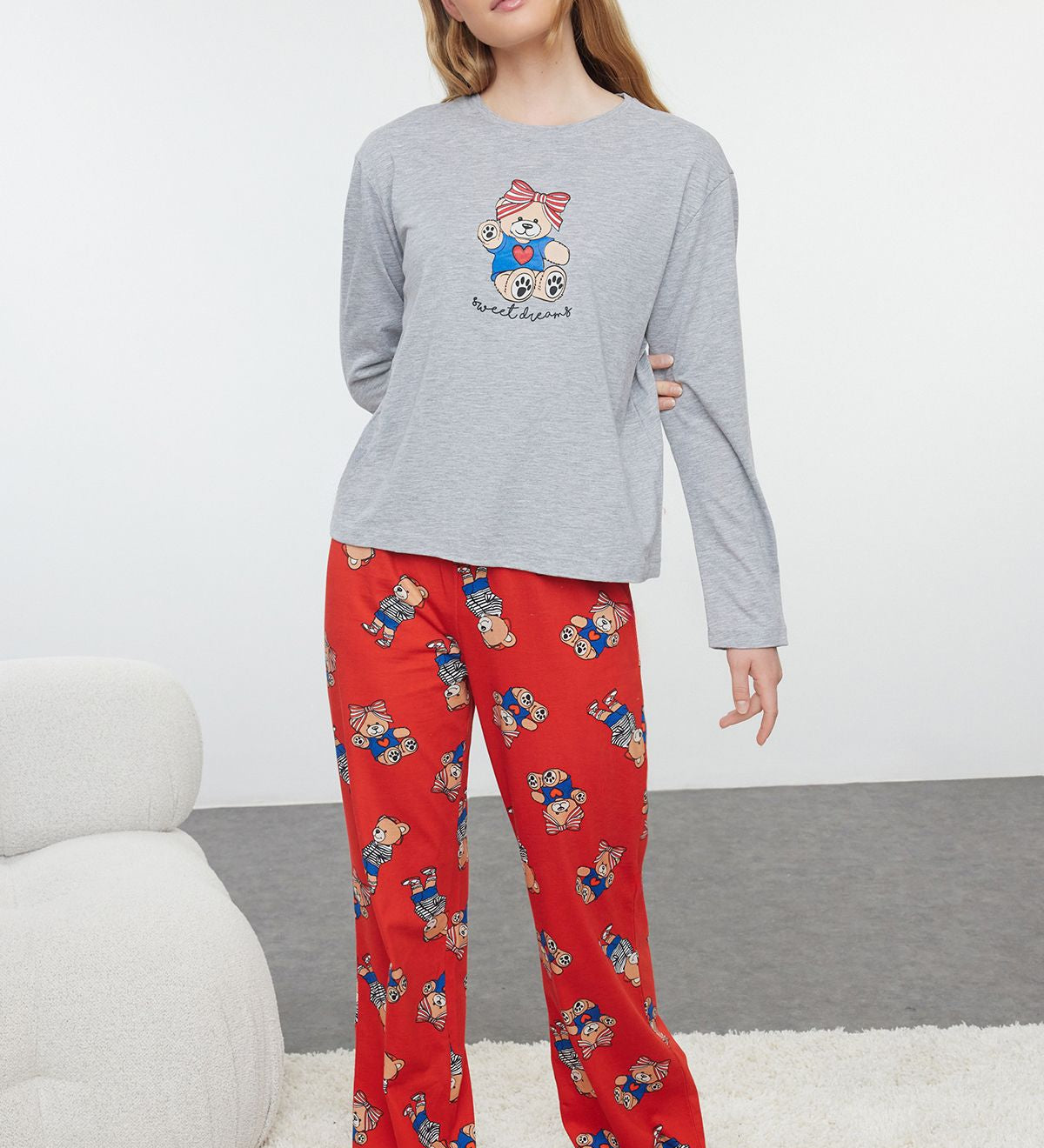 Women’s Bear Print Pajama Set – Grey Long-Sleeve Top with Red Printed Pants