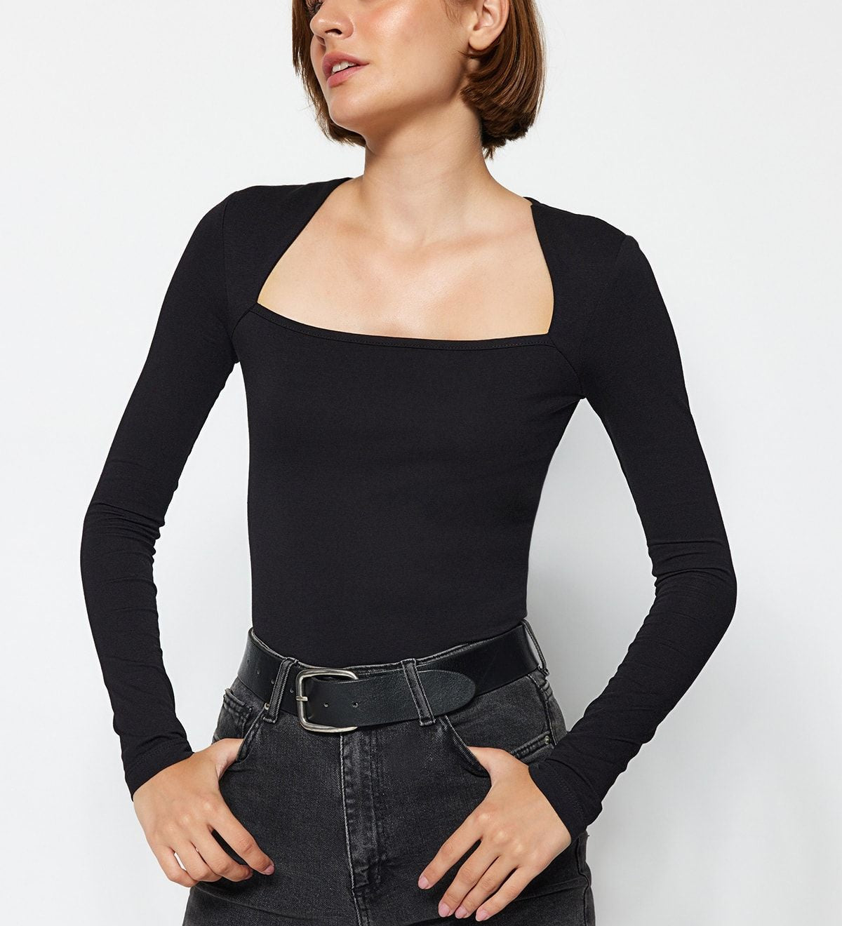 Black Square Neck Long Sleeve Top | Women’s Fitted Stylish Basic