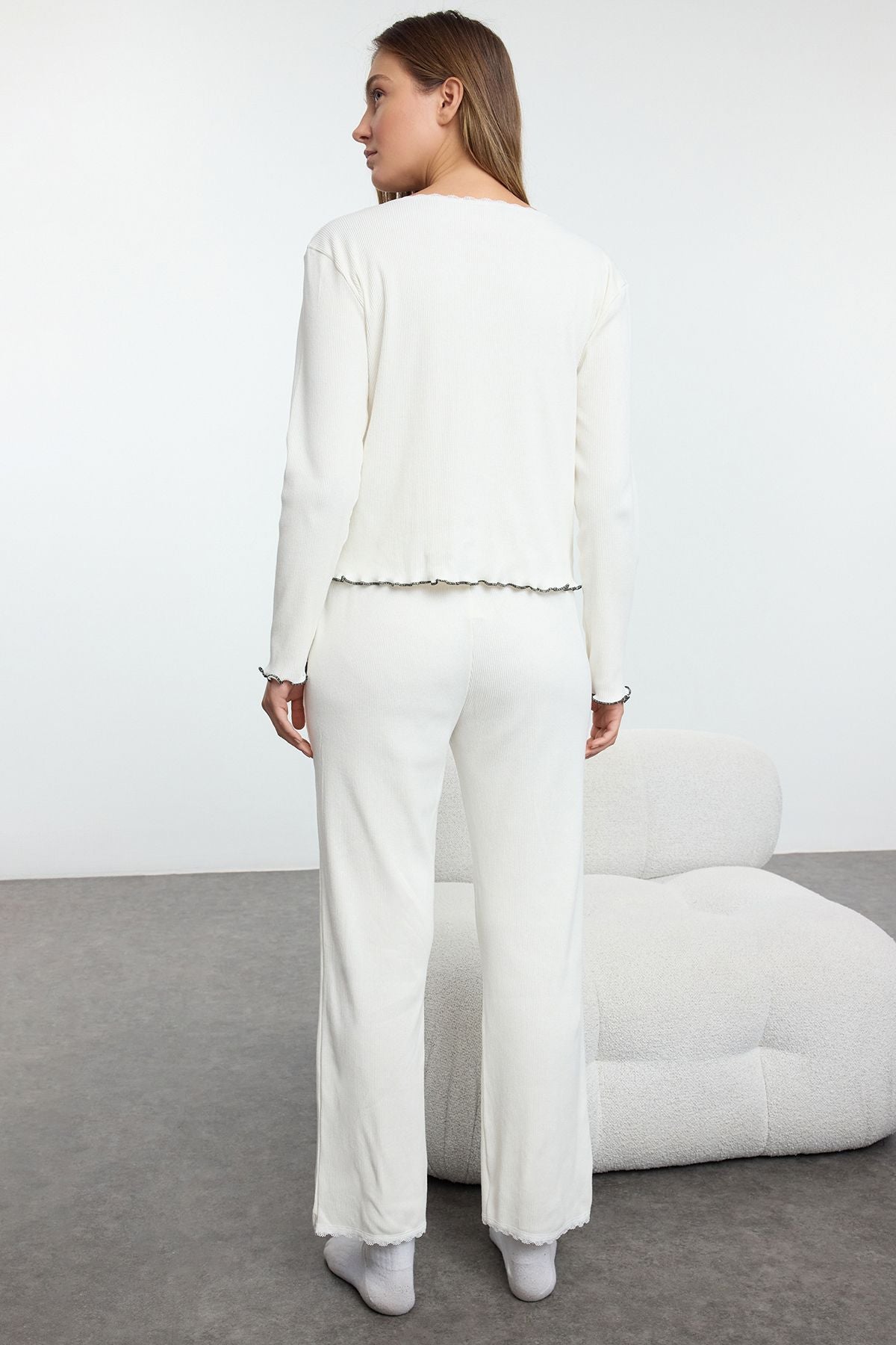 Women’s White Ribbed Pajama Set – Bow Detail Cardigan Top with Matching Pants