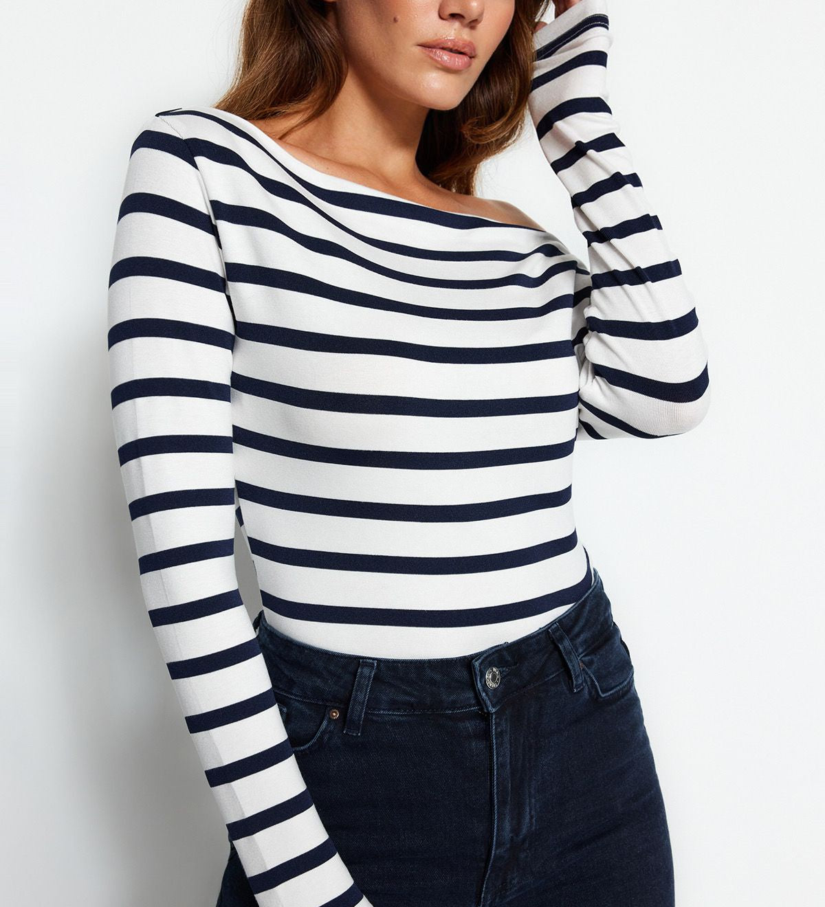 Chic Striped Off-Shoulder Long Sleeve Top – Nautical-Inspired