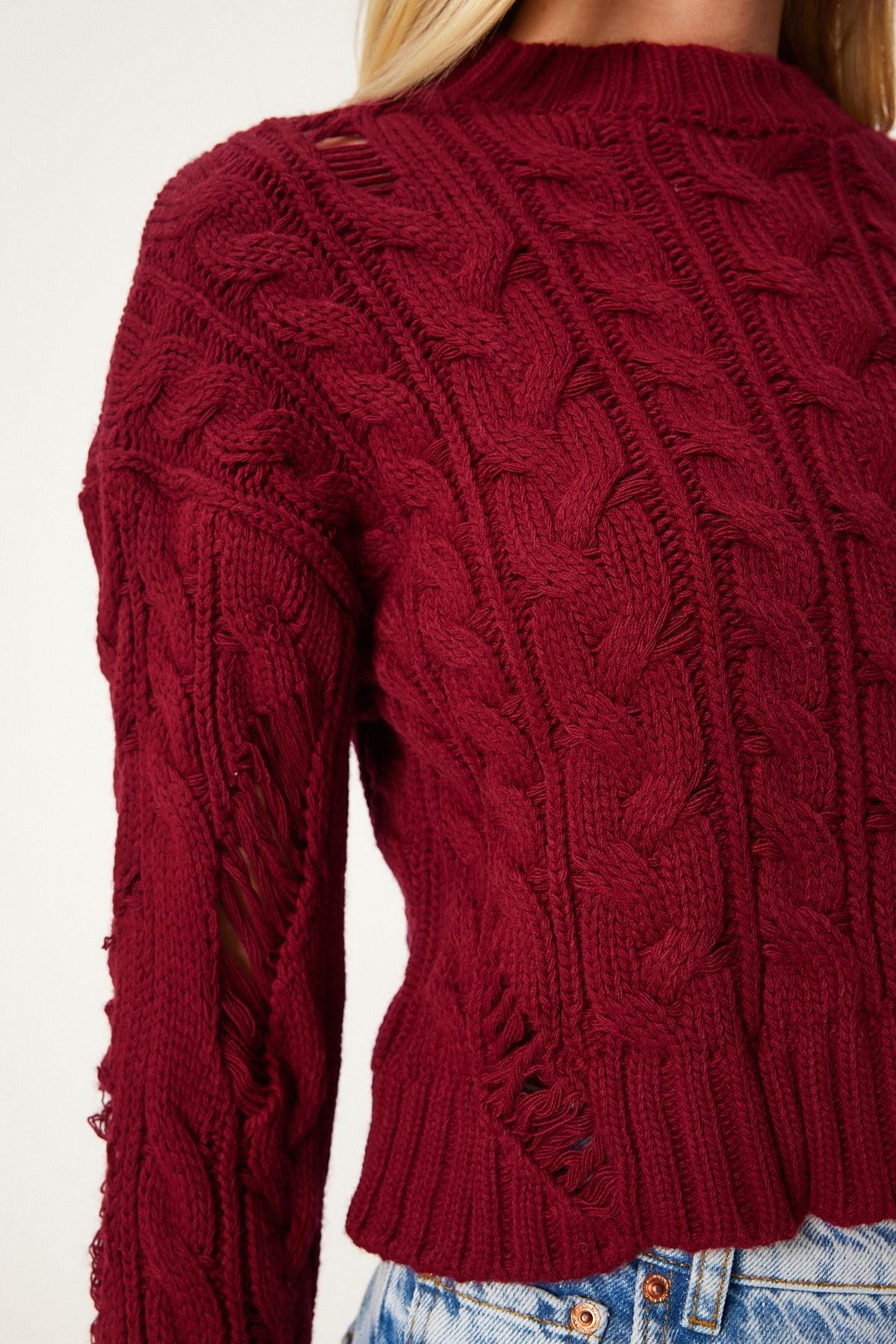 Women’s Distressed Cable Knit Sweater | Burgundy Chunky Knit Pullover
