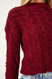 Women’s Distressed Cable Knit Sweater | Burgundy Chunky Knit Pullover