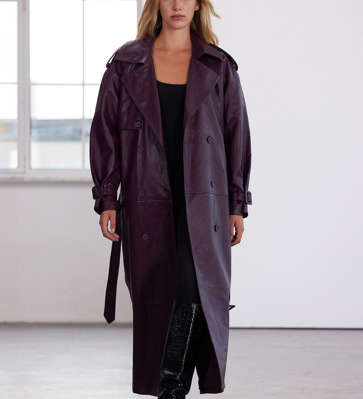 Plum Faux Leather Trench Coat - Oversized Long Double-Breasted Jacket