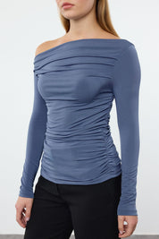 Elegant Off-Shoulder Ruched Blue Top - Perfect for Effortless Chic Style