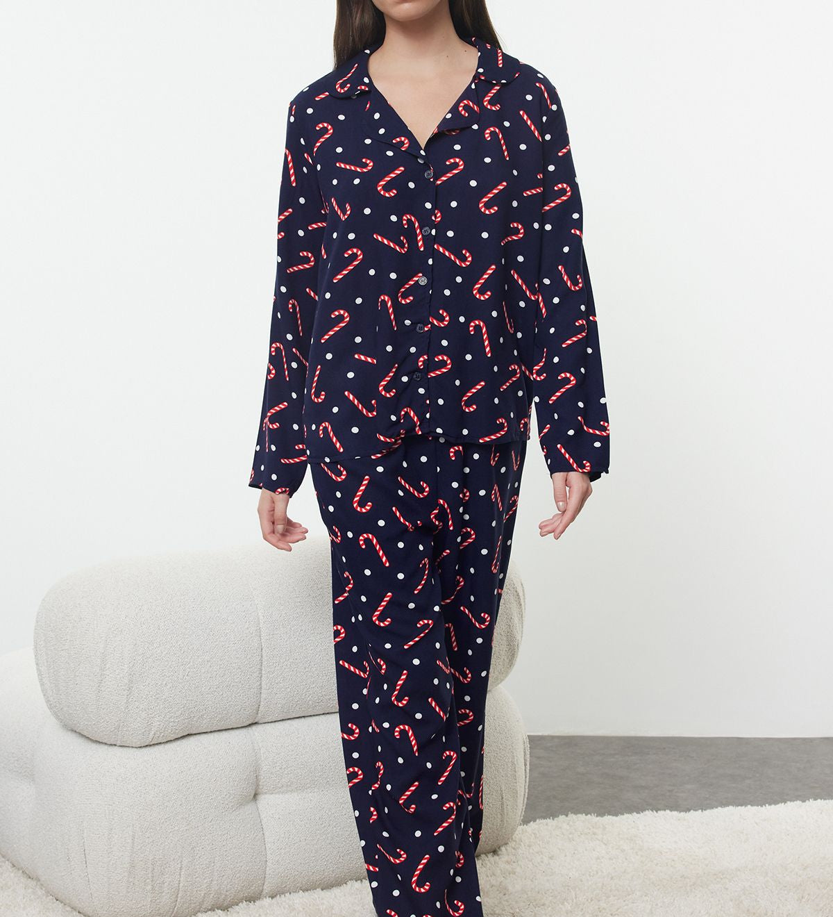 Women’s Candy Cane Print Holiday Pajama Set – Festive Navy Sleepwear