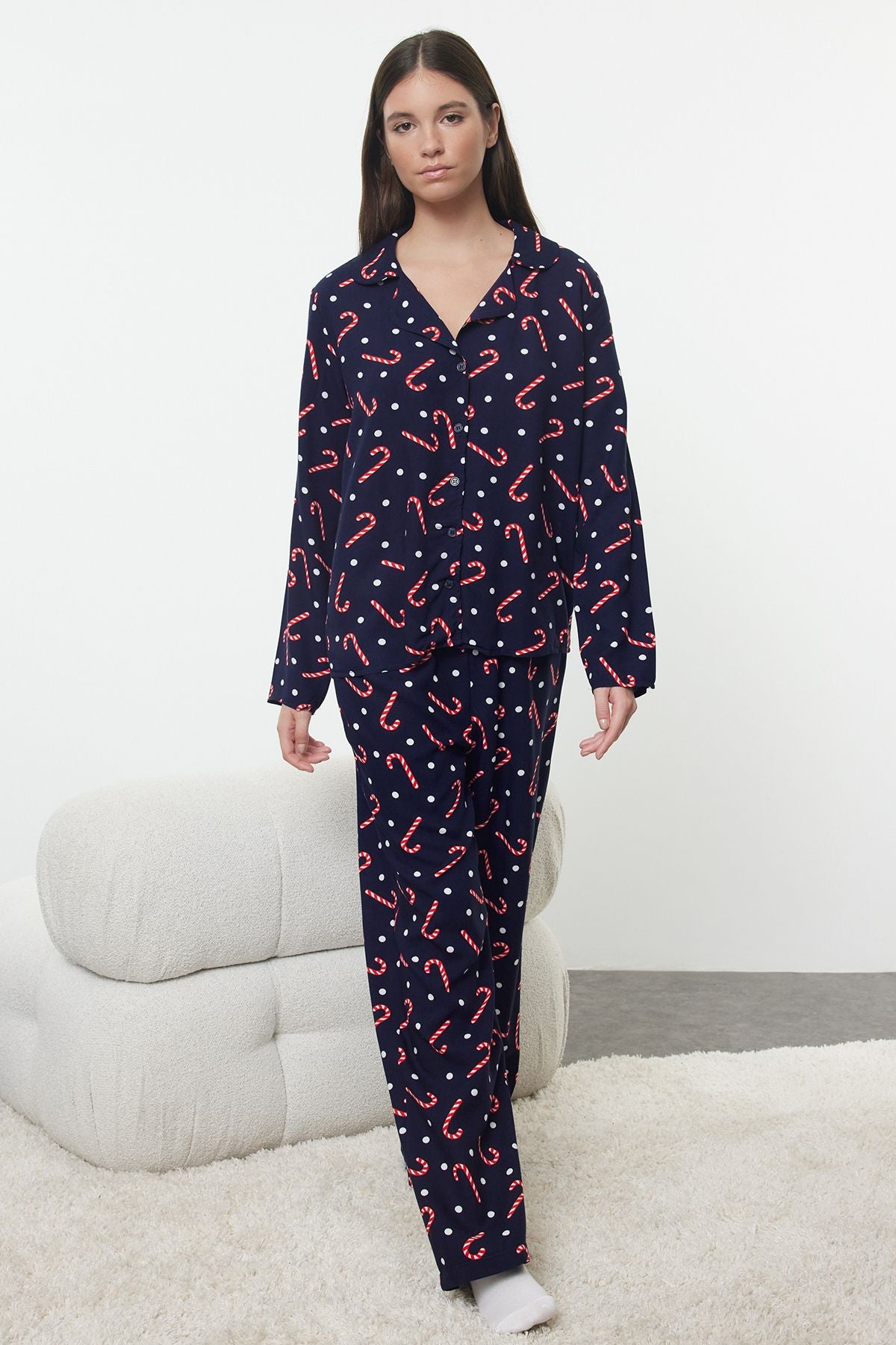 Women's Candy Cane Print Holiday Pajama Set – Festive Navy