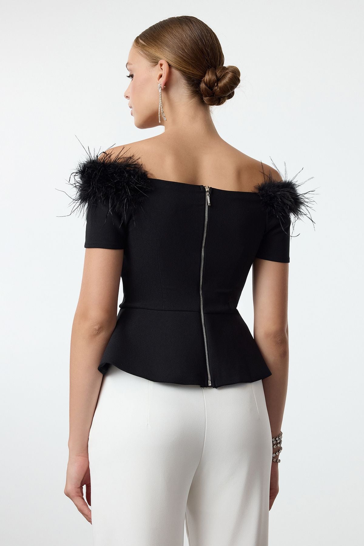 Chic Off-Shoulder Feather Trim Black Peplum Top - Elegant Eveningwear