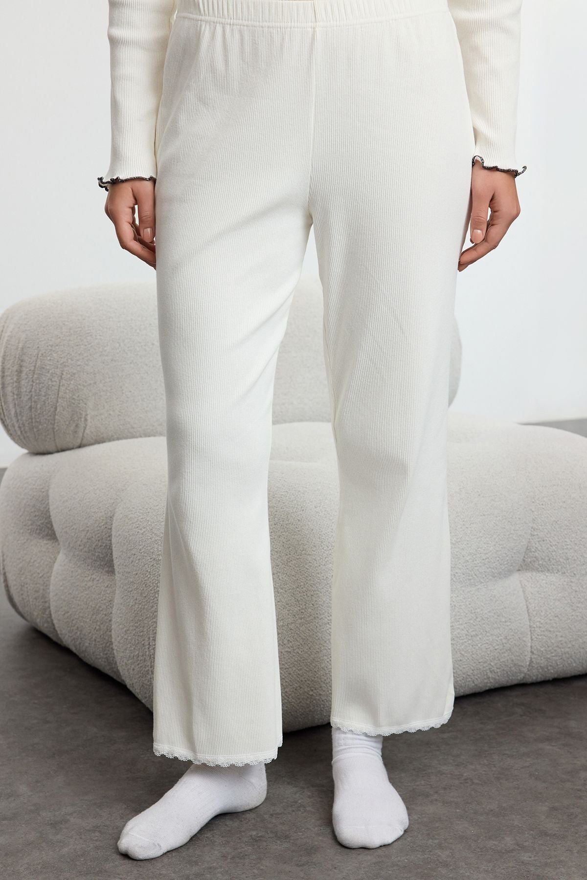 Women’s White Ribbed Pajama Set – Bow Detail Cardigan Top with Matching Pants