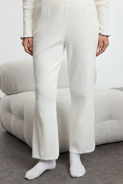 Women’s White Ribbed Pajama Set – Bow Detail Cardigan Top with Matching Pants