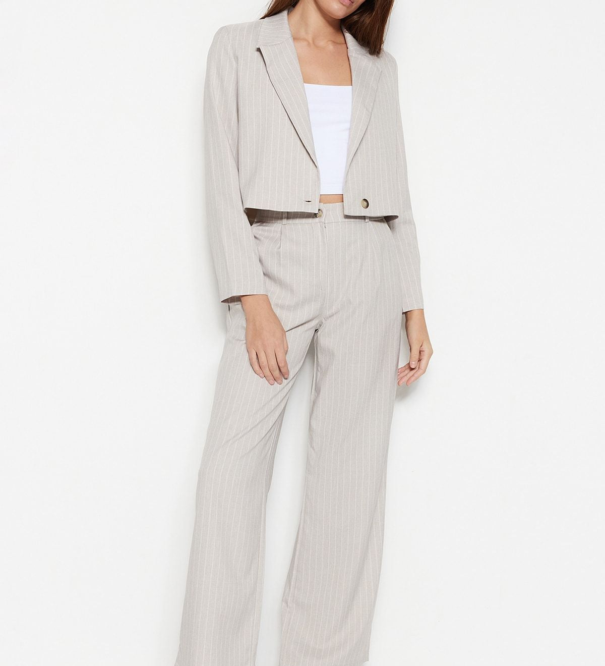 Gray Pinstripe Cropped Blazer Set - Tailored Two-Piece Suit”