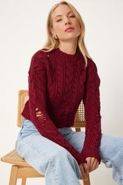 Stand out with our Distressed Cable Knit Sweater in rich burgundy. Featuring chunky knit and unique distressed details, this cozy pullover is perfect for any stylish fall or winter look. Shop now for a bold fashion statement free shipping!