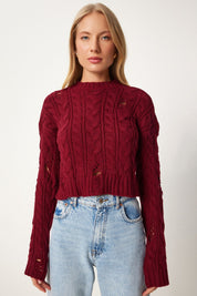 Women’s Distressed Cable Knit Sweater | Burgundy Chunky Knit Pullover