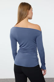 Elegant Off-Shoulder Ruched Blue Top - Perfect for Effortless Chic Style