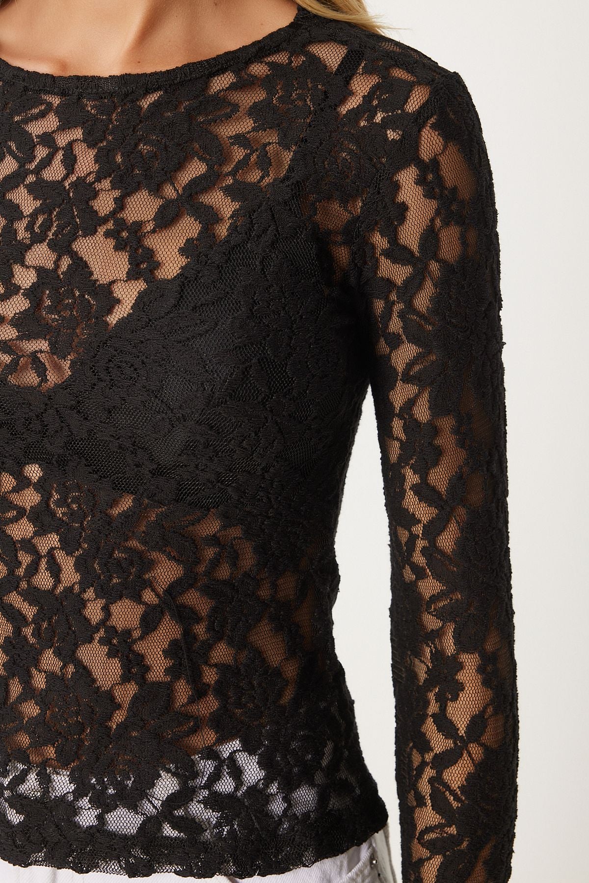Sheer Black Lace Bodysuit | Women’s Long Sleeve Mesh Top