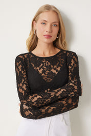Sheer Black Lace Bodysuit | Women’s Long Sleeve Mesh Top