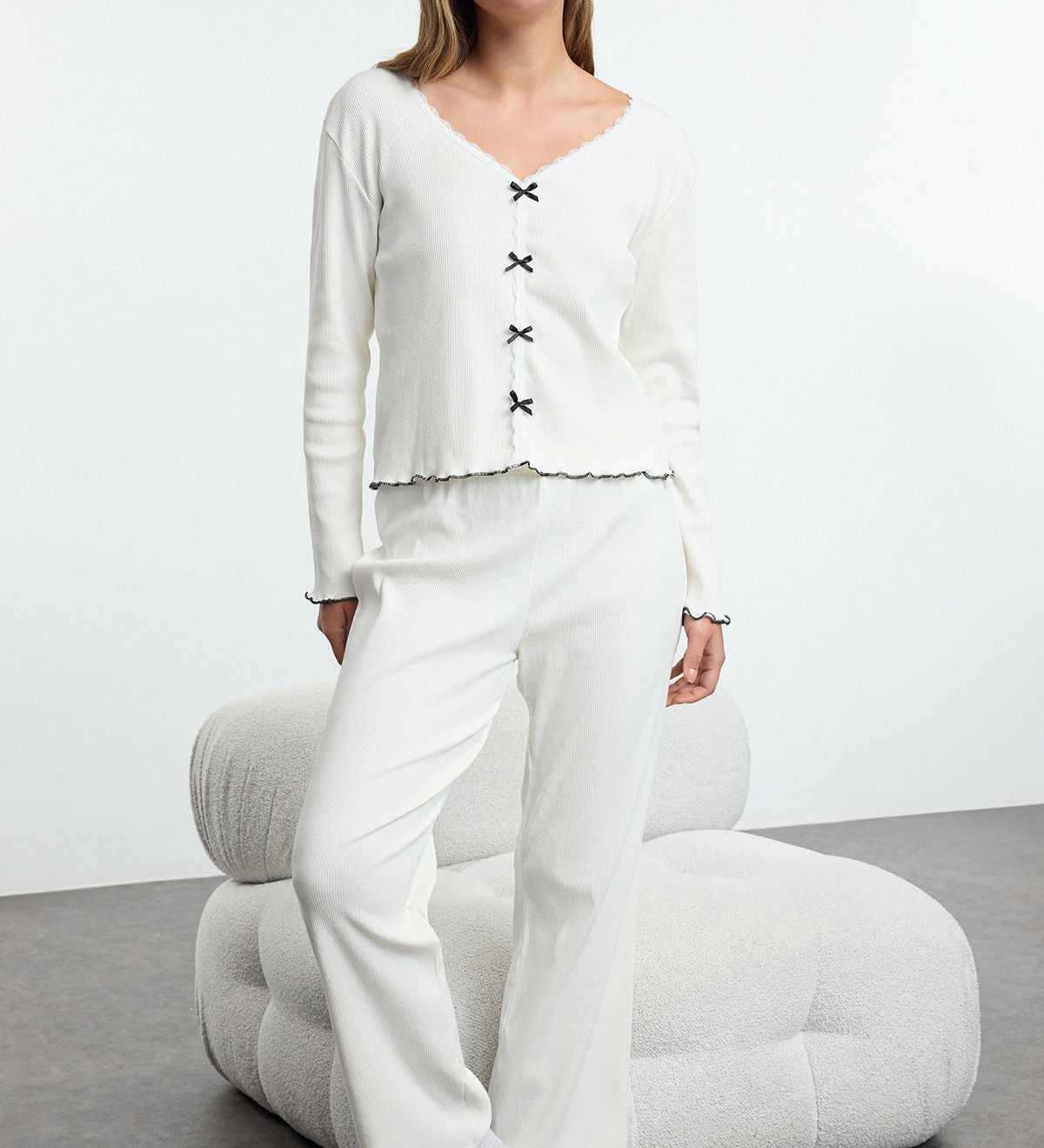 Women’s White Ribbed Pajama Set – Bow Detail Cardigan Top with Matching Pants