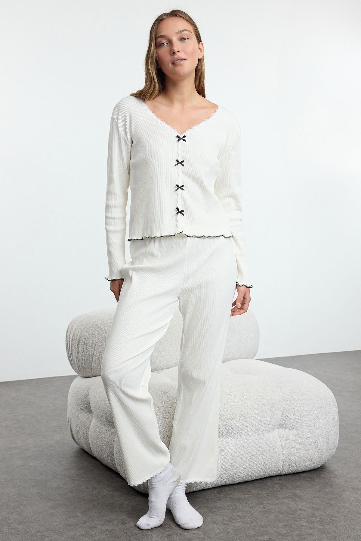 Women’s White Ribbed Pajama Set – Bow Detail Cardigan Top with Matching Pants