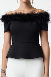 Chic Off-Shoulder Feather Trim Black Peplum Top - Elegant Eveningwear