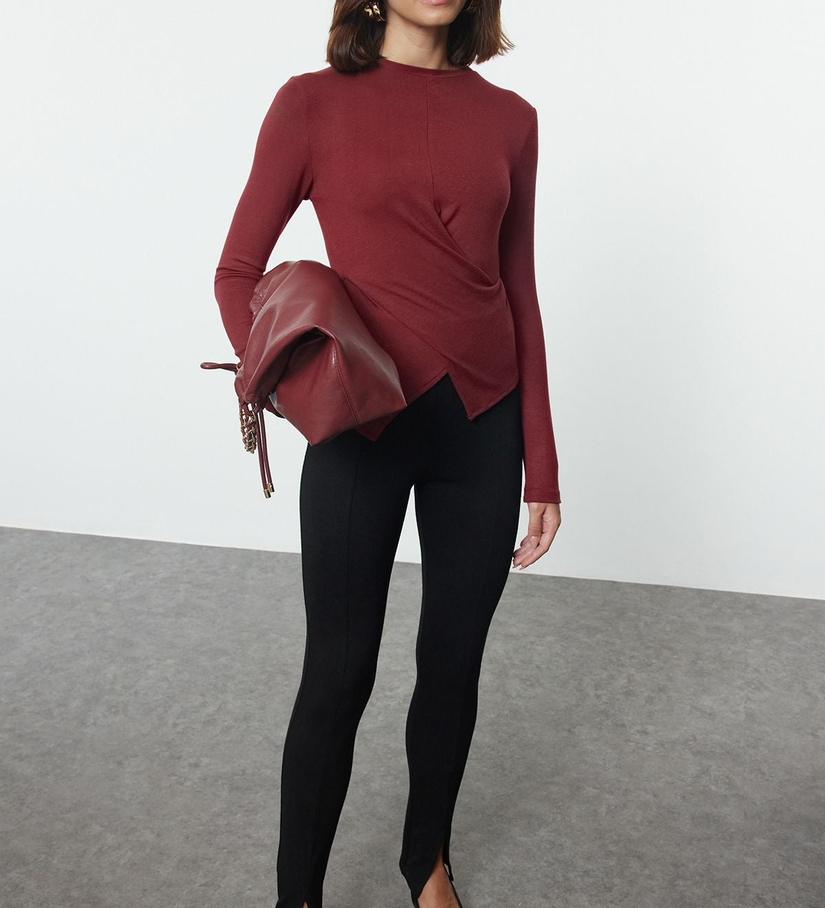 Asymmetric Twist-Front Long Sleeve Top - Burgundy Casual Chic Blouse