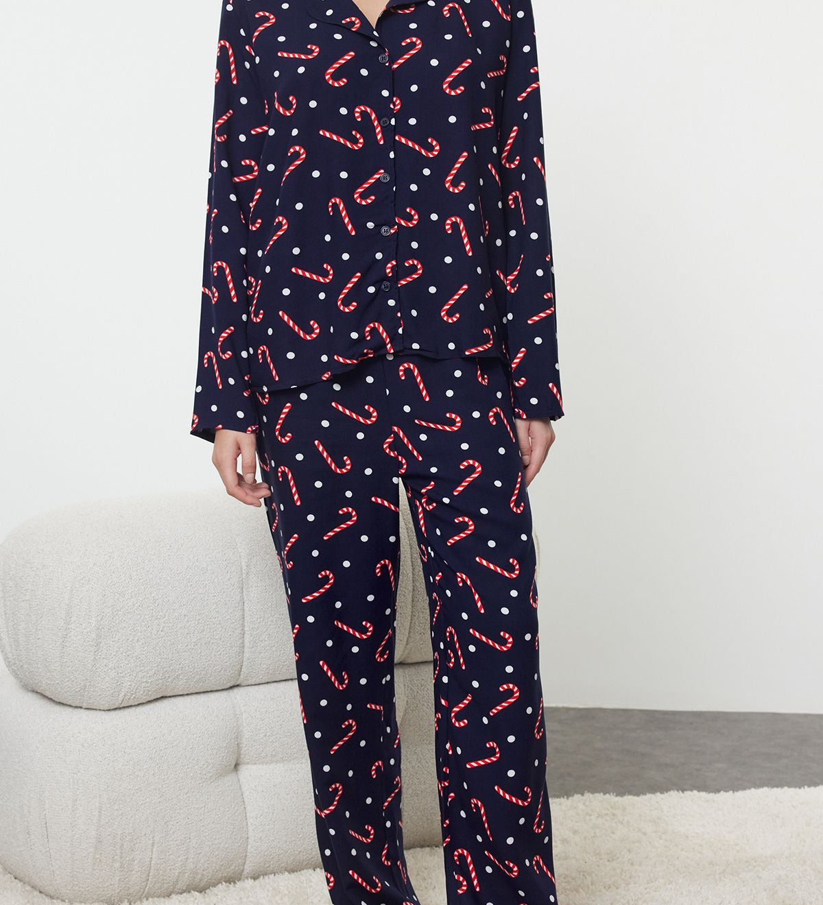 Women’s candy cane print pajama set
	•	Holiday-themed sleepwear for women
	•	Festive navy pajamas with polka dots
	•	Christmas lounge set for women
	•	Cozy two-piece pajama outfit
	•	Holiday pajama gift idea for women
	•	Women’s long-sleeve holiday pajamas
	•	Lightweight Christmas sleepwear
	•	Comfortable festive pajamas for winter
	•	Candy cane and polka dot print pajamas