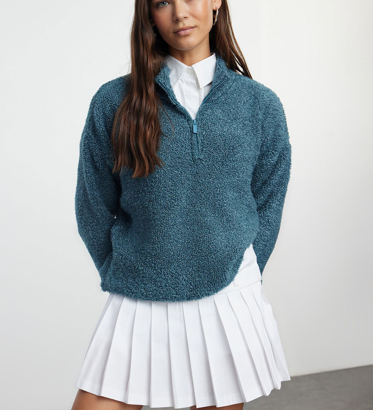 Women's Teal Half-Zip Fleece Sweater - Cozy and Stylish Pullover