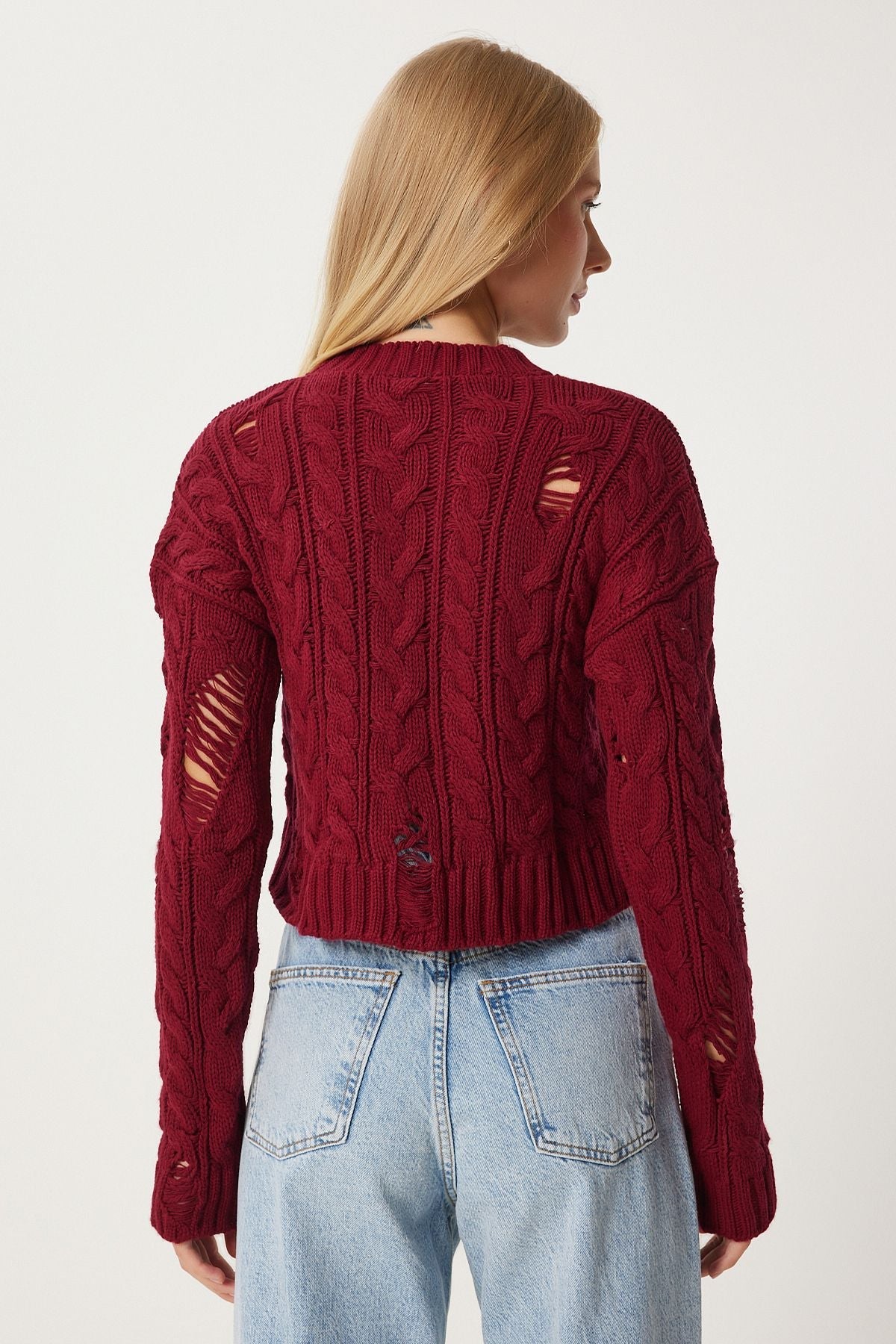 Women’s Distressed Cable Knit Sweater | Burgundy Chunky Knit Pullover