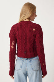 Women’s Distressed Cable Knit Sweater | Burgundy Chunky Knit Pullover