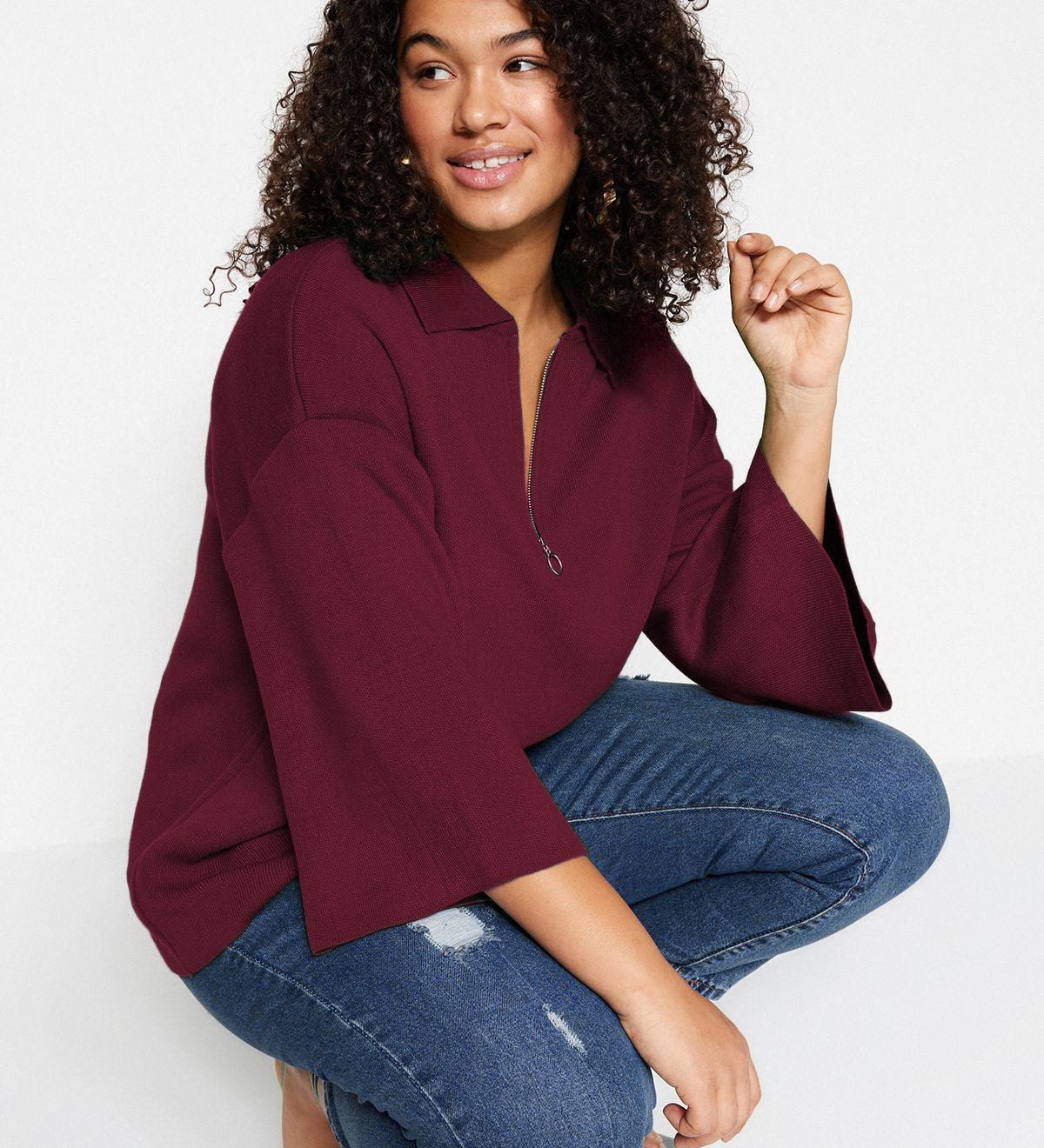 Burgundy half-zip sweater, relaxed fit pullover, women’s cozy knit top, stylish knitwear for women, fall fashion sweater, casual lightweight sweater.