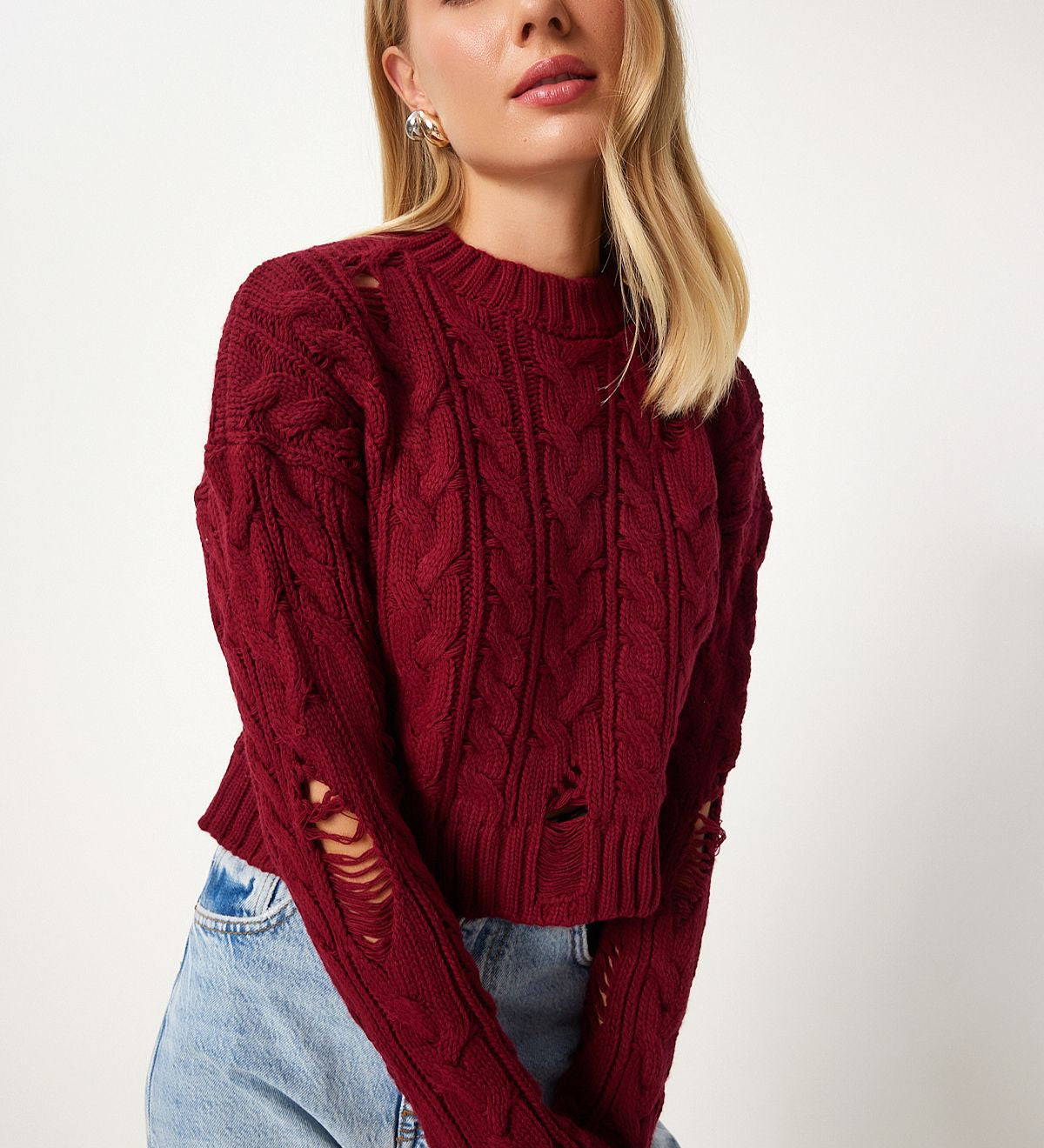  Women’s distressed knit sweater
• Burgundy cable knit sweater
• Chunky knit pullover
• Edgy knitwear for women
• Women’s fall winter sweaters
• Distressed chunky sweater
• Cozy cable knit top
• Women’s trendy knitwear
• Warm knit pullover
• Fashionable knit sweater