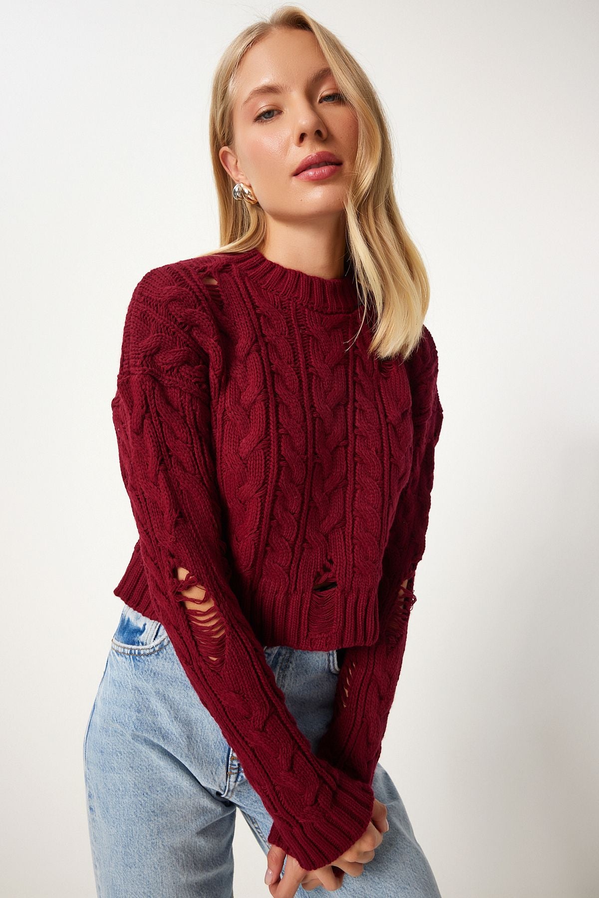  Women’s distressed knit sweater
• Burgundy cable knit sweater
• Chunky knit pullover
• Edgy knitwear for women
• Women’s fall winter sweaters
• Distressed chunky sweater
• Cozy cable knit top
• Women’s trendy knitwear
• Warm knit pullover
• Fashionable knit sweater