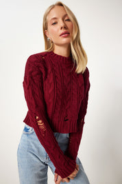  Women’s distressed knit sweater
• Burgundy cable knit sweater
• Chunky knit pullover
• Edgy knitwear for women
• Women’s fall winter sweaters
• Distressed chunky sweater
• Cozy cable knit top
• Women’s trendy knitwear
• Warm knit pullover
• Fashionable knit sweater