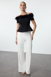 Off-shoulder feather trim top
	•	Black peplum evening top
	•	Elegant formal evening wear
	•	Women’s stylish evening blouse
	•	Off-shoulder black top for parties
