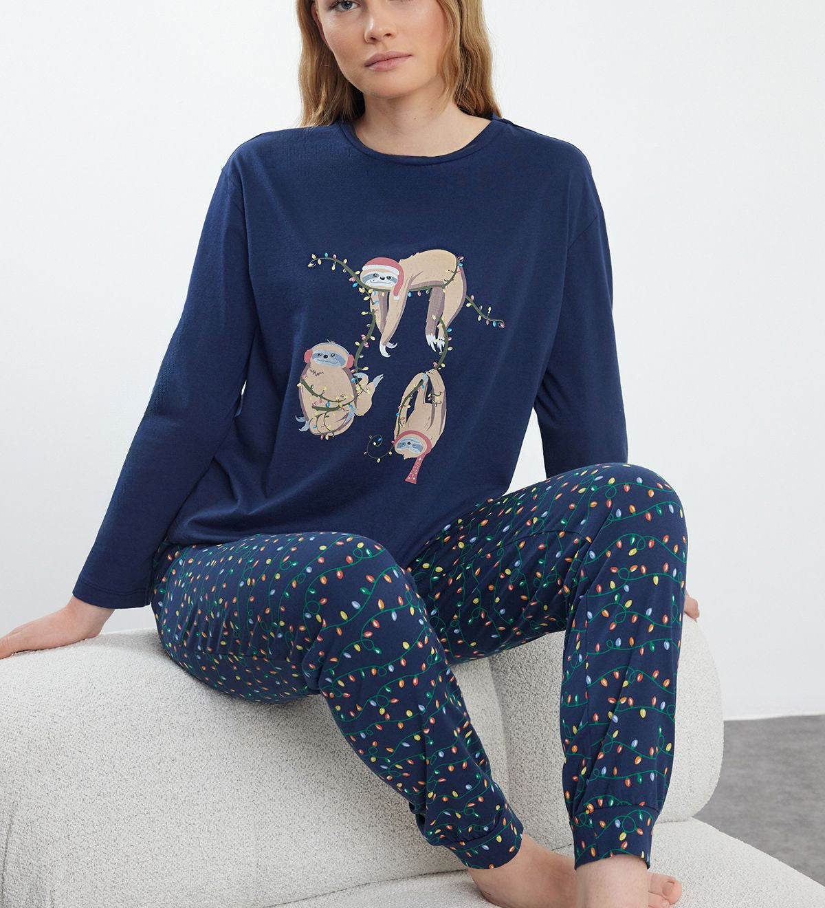 Sloth holiday pajama set
	•	Women’s Christmas pajamas
	•	Cozy winter sleepwear for women
	•	Festive sloth print pajamas
	•	Cute holiday-themed loungewear
	•	Christmas pajamas with sloths
	•	Fun holiday sleepwear gift for women
	•	Comfortable winter pajama set
	•	Lightweight festive pajamas
	•	Women’s loungewear for holiday season